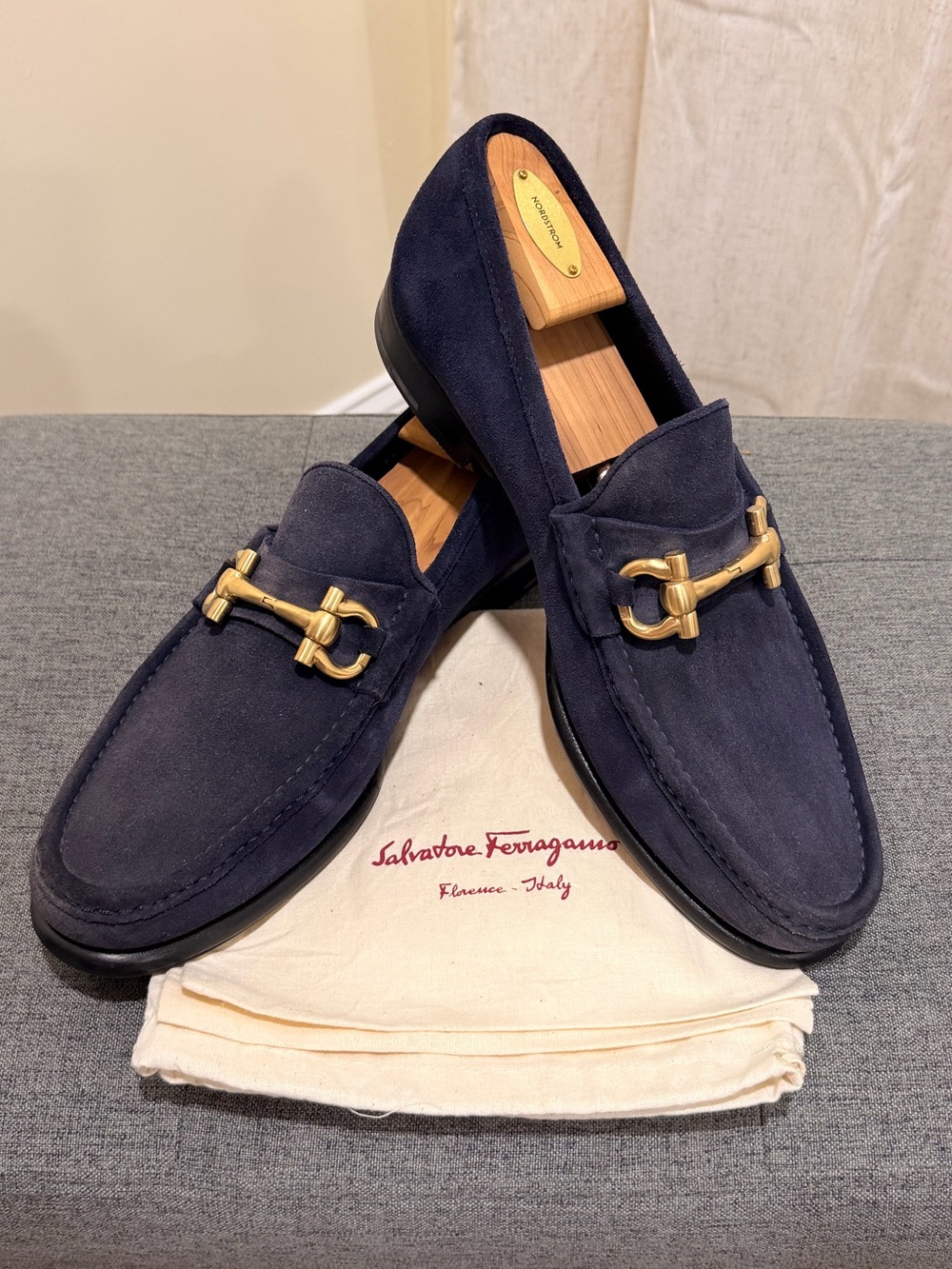 Salvatore Ferragamo Men’s Navy Suede Horsebit Loafers